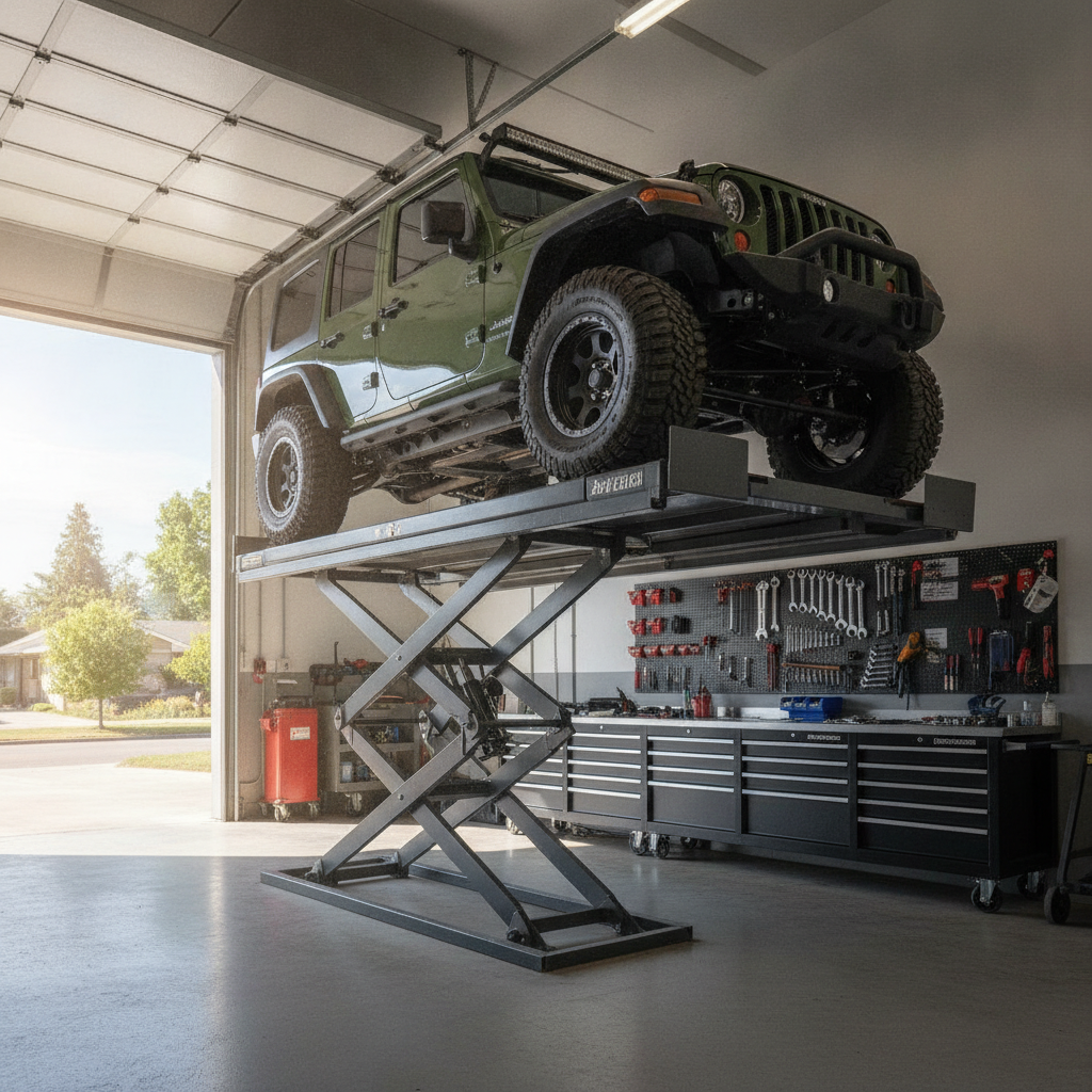 Jeep on a lift in an auto repair shop bay